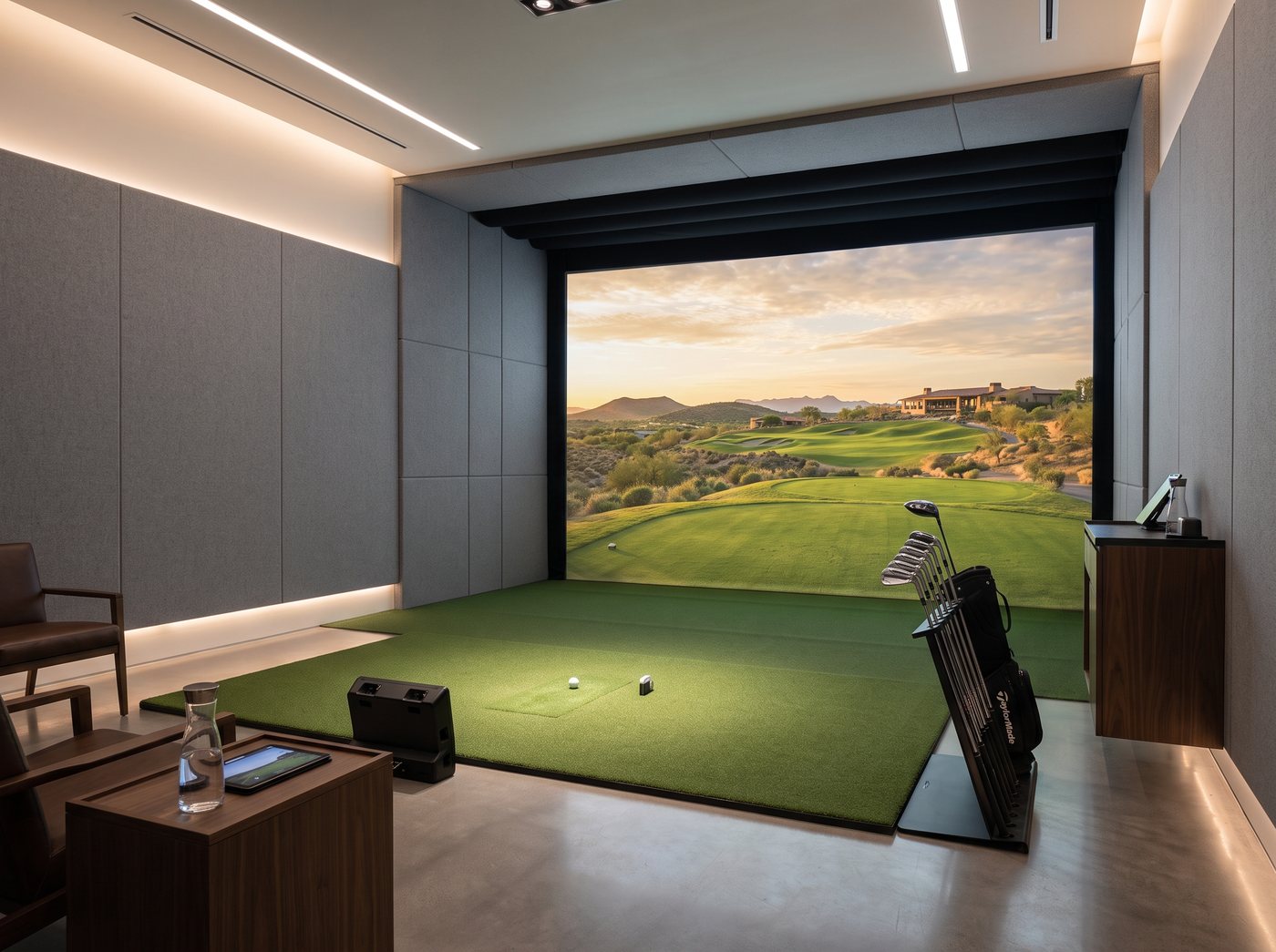 Indoor golf teaching studio with simulator screen and hitting bay